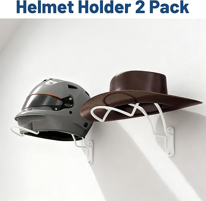 2 Pcs Helmet Rack Hanger Wall Mount Display, Helmet Holder Hooks Wall Mount for Equestrian Motorcycle Hat - White