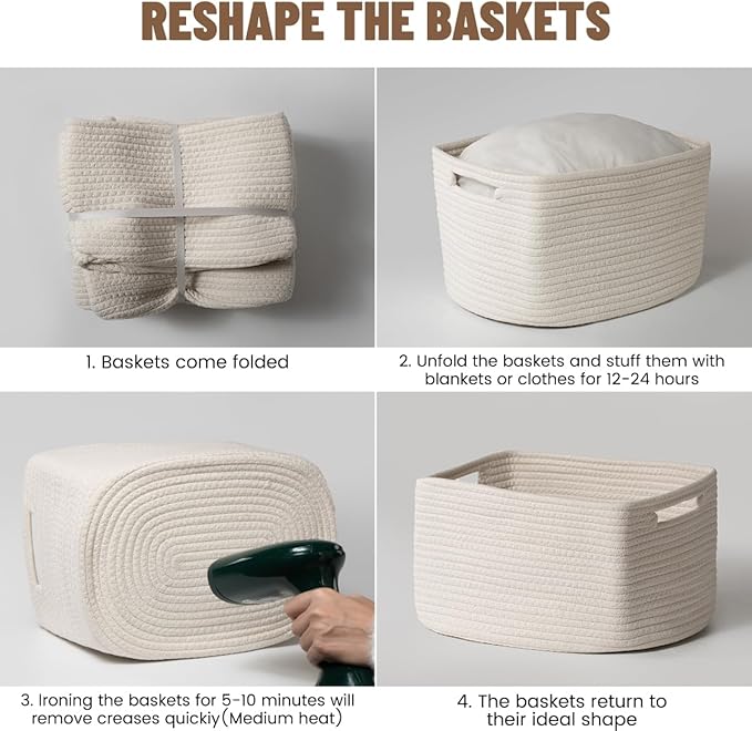5 Pack White Woven Storage Baskets for Shelves, Decorative Basket Organizer Storage Bins for Toys, Books, Clothes, Closet, Nursery, Bathroom – Cotton Rope Shelf Baskets for Organizing and Decor