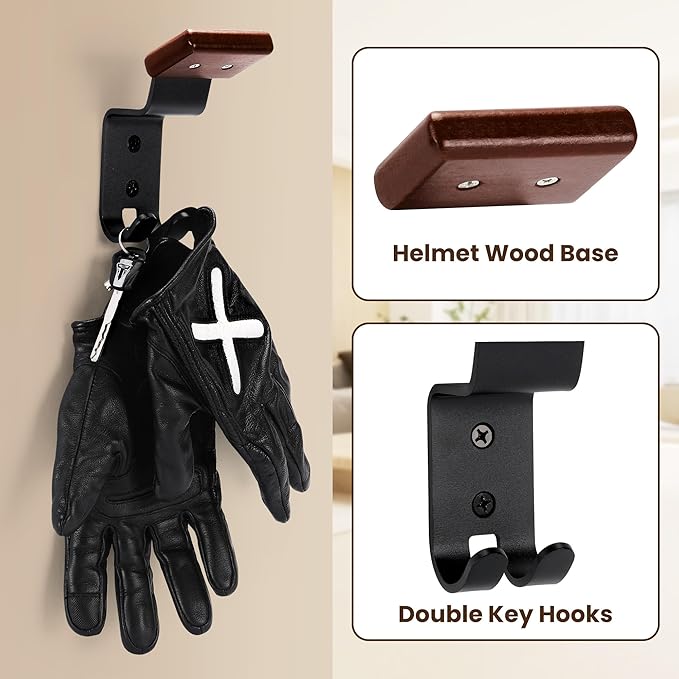 Motorcycle Helmet Holder Wall Mount - Solid Wood & Steel Gear Organizer Rack with 2 Hooks, Heavy Duty Display Hanger for Helmets, Football Gear, Ski Equipment, Hats, Jackets - 4 Pcs