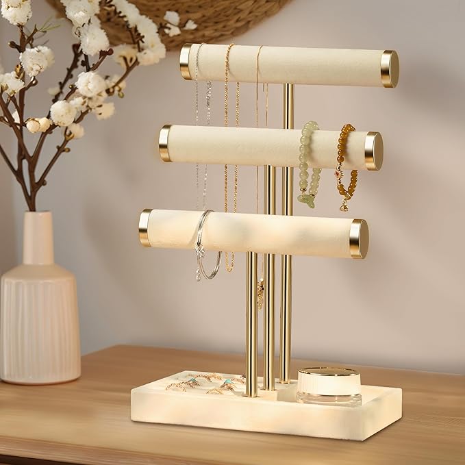 3 Tier Bracelet Holder Display - Detachable T Bar Beige Velvet Bracelet Holder, Jewelry Holder Organizer for Bracelet, Necklace, Watches, Rings