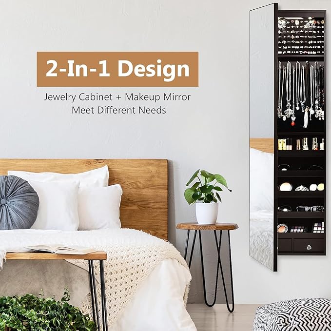 HAPPYGRILL Over the Door Jewelry Organizer, Hanging Jewelry Storage Cabinet w/Full-Length, Inner Makeup Mirror, Earring Shelves, Ring Slots, 25 Necklace Hooks, Wall Mounted Jewelry Armoire for Women
