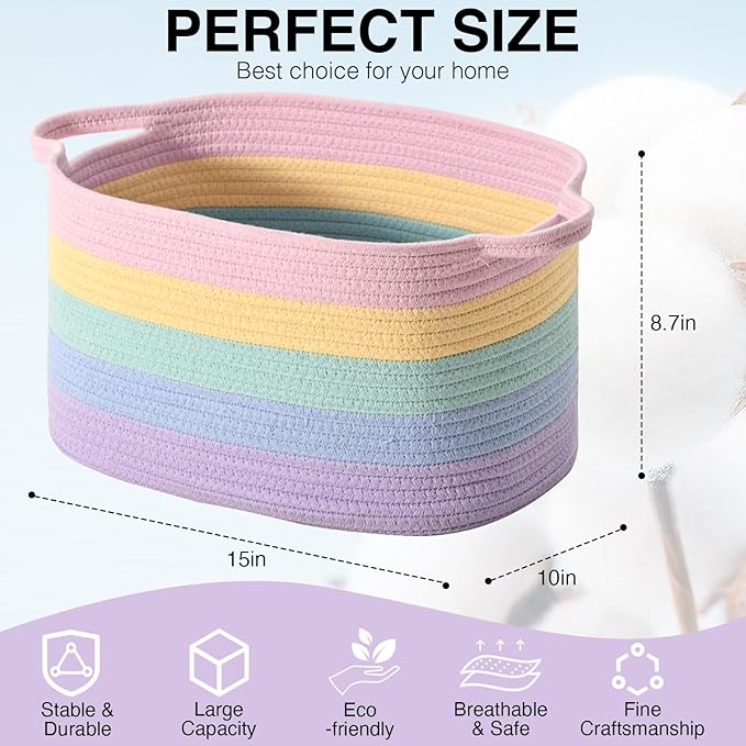DUHEL Cotton Rope Woven Storage Basket, Used for Baby Hamper Toy Organizer, Gift Baskets Empty,Kids Laundry Basket,Baby Blanket Basket. Size 15x10x8.7 Inches. (Rainbow-3Pcs)