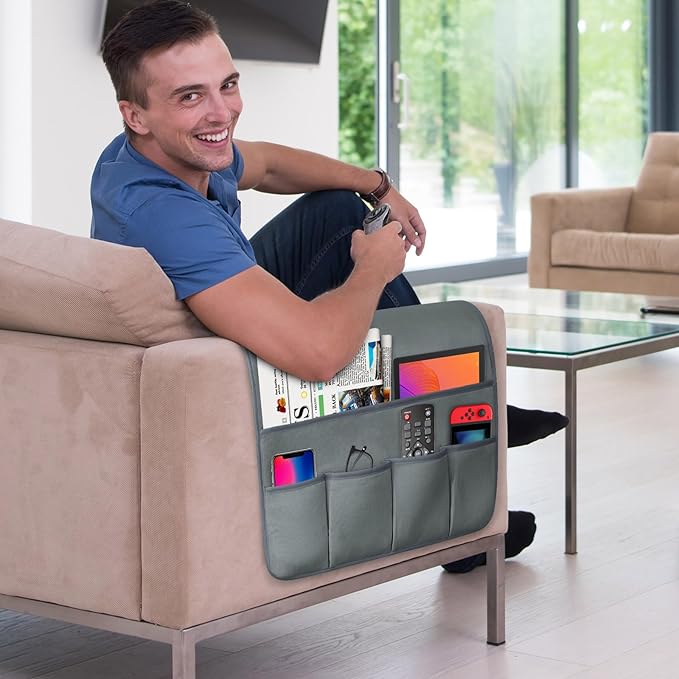 TV Remote Control Holder Couch Caddy, Non-slip Bedside Caddy Organizer with 5 Pockets for Key Glasses Phone Magazine Holders (Gray, 35''x18'')