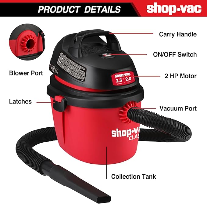 Shop-Vac 2.5 Gallon 2.0 Peak HP Wet/Dry Vacuum, Portable Compact Shop Vacuum with Top Handle, Wall Bracket & Attachments