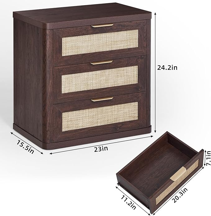 LEYAOYAO Rattan Night Stand Set of 2 with Drawers, 23" Large 3 Drawer Boho Nightstand, Walnut Bedside Table Storage Cabinet, Bed Side End Tables Dresser for Bedroom, Living Room, Hallway, Closet