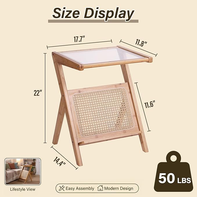 Tiita Rattan Side Table, Mid Century Nightstand, Bamboo Accent Bedside Tables, Glass Coffee Tables, Boho Wooden End Table with Storage for Small Space, Living Room and Bedroom