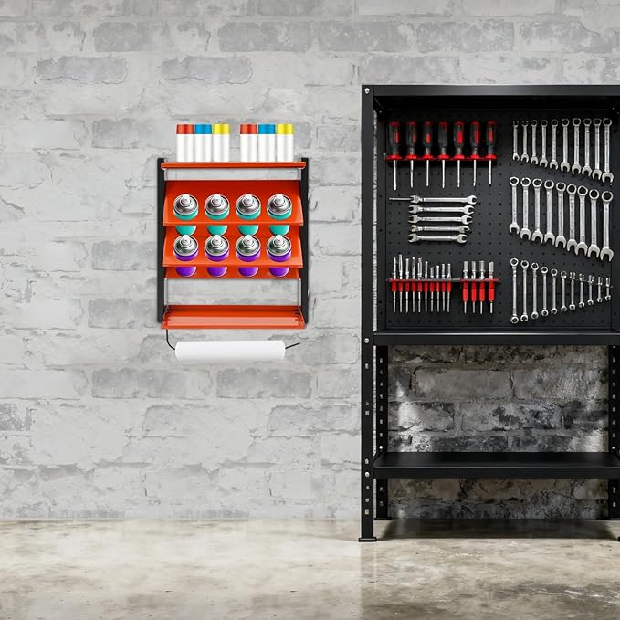 Spray Can Holder Wall-mounted Paints Holder Garage Storage Heavy Duty Paint Bottle Organizer for Garage & Home 8 Can Holes & 2 Shelf Shop Organization And Storage