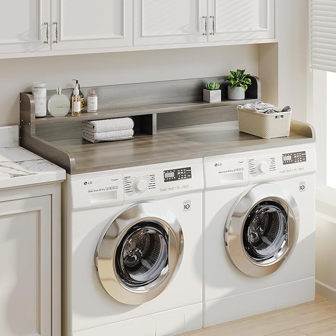 2-Tier Washer Dryer Countertop with 2.75" H Edge Rails, 58" W x 28" D Laundry Countertop for Folding Clothes, Washer and Dryer Topper with Non-Slip Pad (Stripe Gray)