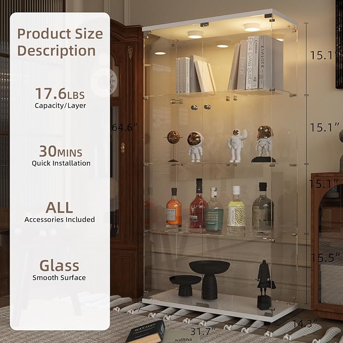 Beauty4U Glass Display Cabinet with LED Light, 4 Shelves with 2 Doors, Curio Cabinets for Living Room, Bedroom, Office, White Floor Standing Glass Bookshelf, Quick Installation