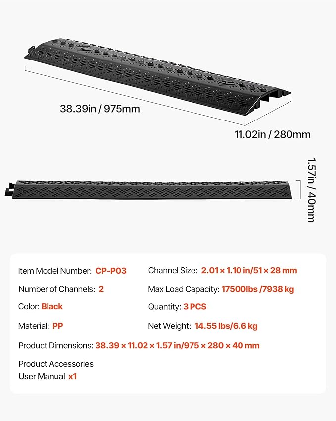 VEVOR 3 Pack Drop Over Cable Cover, 2 Channel Heavy Duty Cable Hose Protector Ramp, 38.3'' Floor Cord Cover, 17,500 lbs/Axle Load Capacity, for Traffic Areas, Indoor, Outdoor, Home, Office, Warehouse