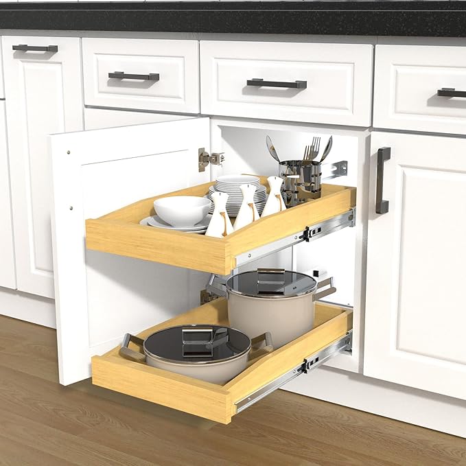 2 Tier Pull Out Cabinet Organizer, 20"W x 21"D Solid Wood Heavy-Duty Base Bottom Assembly Slide out Drawer Shel Cabinet Organization for Kitchen, Pantry, Bathroom