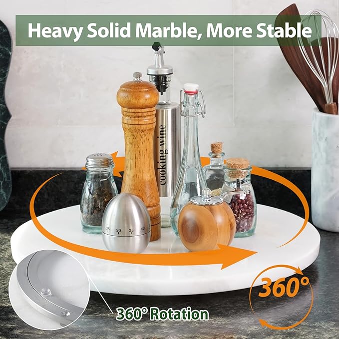 Marble Lazy Susan, 16 in Lazy Susan Turntable Organizer for Cabinet Pantry Kitchen Countertop Fridge Bathroom Makeup Vanity Countertop - White
