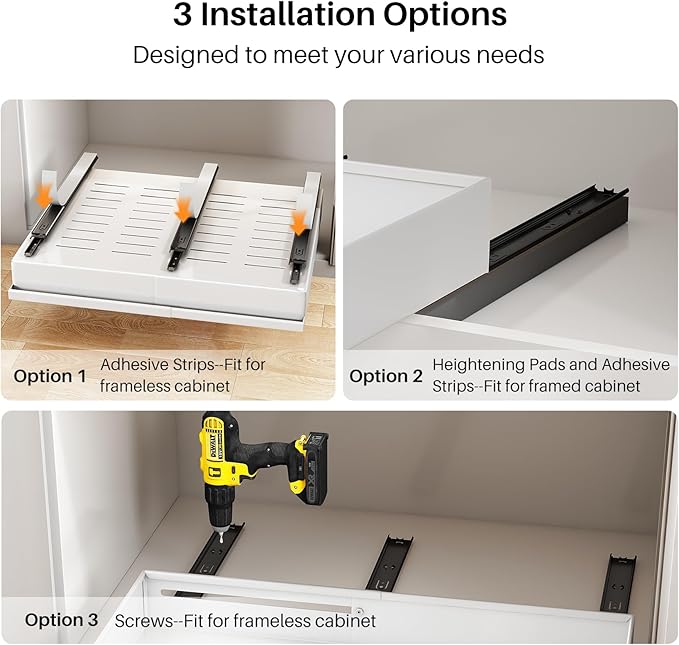 Pull out Cabinet Organizer, 1-Pack Expandable(13.6"-24") Silde out Drawers with Raising Pad for Framed Cabinets, Adjustable Full-Extension Adhesive Roll out Shelves for Kitchen Pantry Home Pot and Pan
