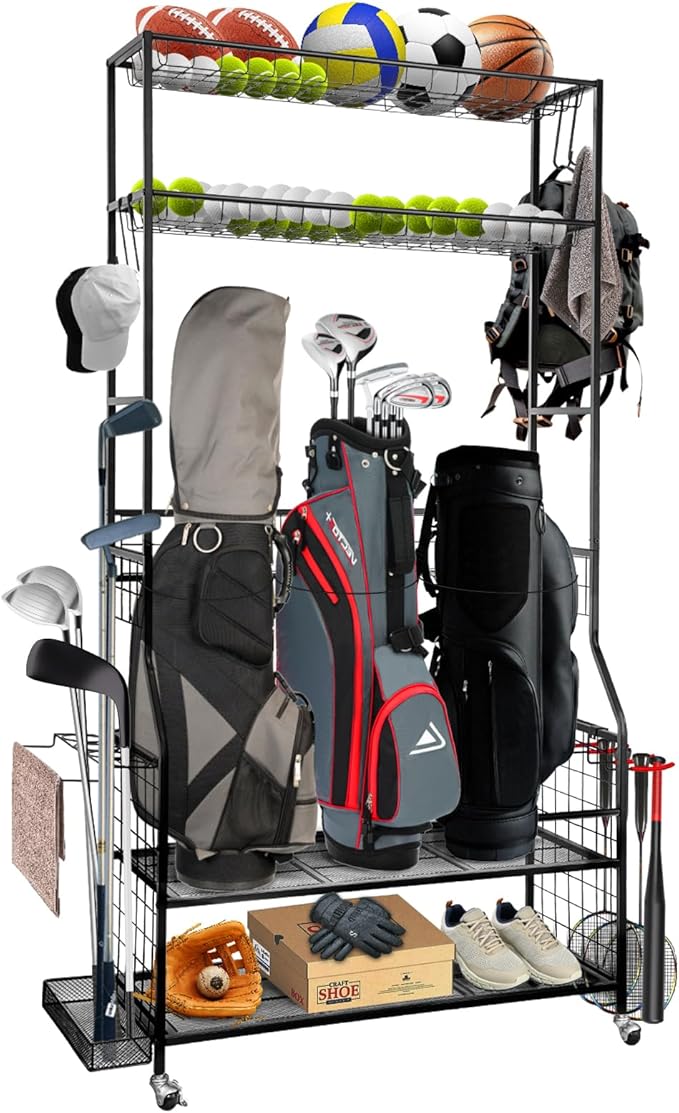 Golf Bag Storage Garage Organizer, 3 Golf Bags Organizer and Golfing Equipment Accessories Storage Rack, Sports Equipment Storage Organizer with Wheels, 4 Hooks, and Extra Club Display Rack