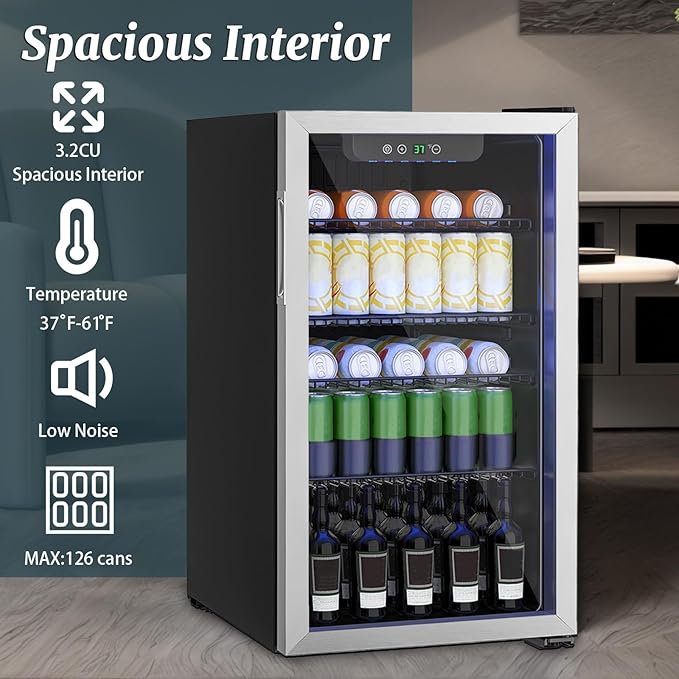 Compact 126 Can/3.2 Cu.Ft Mini Fridge For Soda, Beer Or Wine, Portable Small Beverage Refrigerator With Digital Display&Removable Shelves &Reversible Glass Front Door For Office, Dorm, Bar