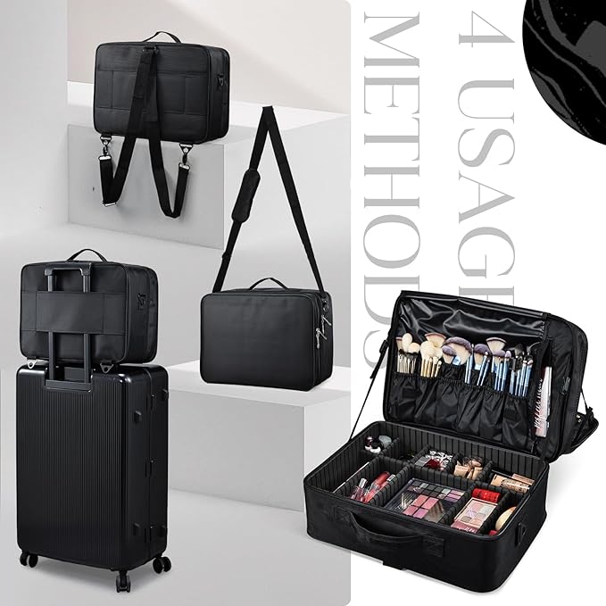 Adazzo Large Makeup Bag, 3 Layers 17” Makeup Case Organizer with Mirror Professional Cosmetic Storage Backpack Box Travel Artist Carrying Vanity Bags with Brush Slot/Shoulder Strap/Attach to Suitcase