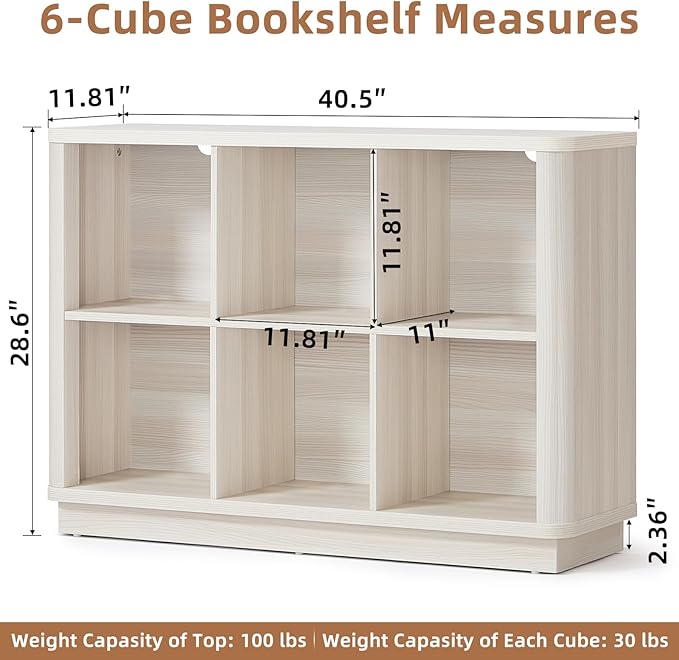 6 Cube Bookcase, 40" Wide Low Horizontal Book Shelf w/Curved Edge, Wood Floor Standing 2-Tier Bookshelf with Base, Modern Short Storage Cabinet Book Case for Bedroom, Office, White Cream Oak