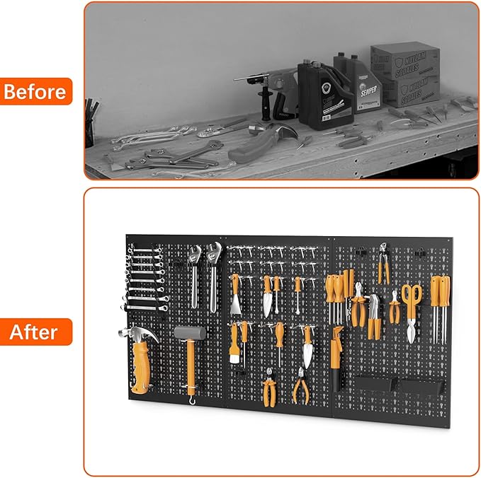TORACK 3 PCS Metal Pegboard Panels for Garage Wall Utility Tools Storage Pegboard for Workbench, Modular Peg Board Tool Organizer Board Kit(Pack of 3, Black)