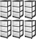 Sterilite 6 Pack Plastic Storage Organizer, 3 Drawer Rolling Bin Cart, Closet Organization, Black