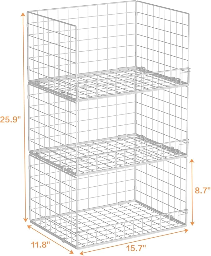 Closet Organizers and Storage Basket- 3-Tier Stackable Storage Bins, Foldable Closet Shelf Organizer Basket, Stackable Clothes Organizers Shelves for Home Organizer System