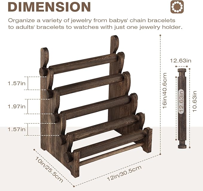 TOPNEW 5 Tier Wooden Bracelet Holder, Scrunchie Bangle Watch Necklace Display Storage Jewelry Holder Stand Display Organizer, Brown