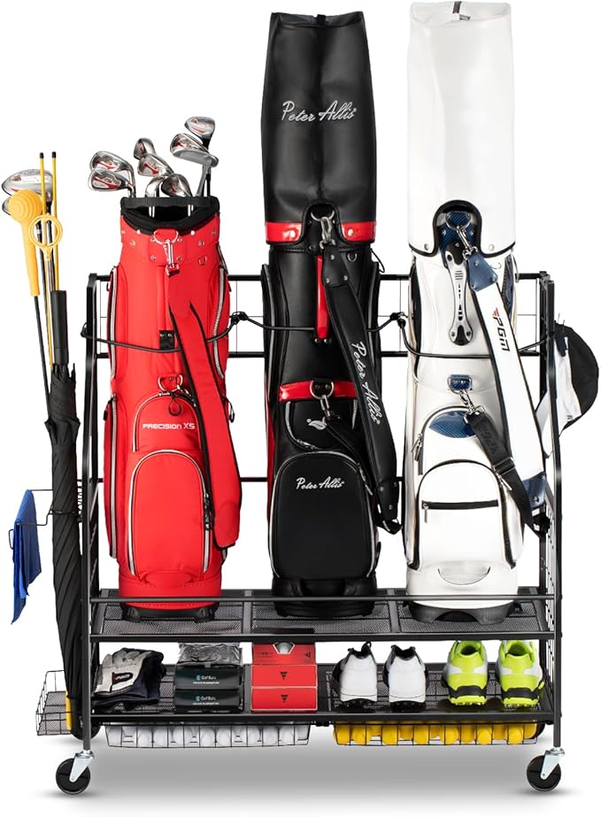 Golf Bag Storage Garage Organizer- Golf Bag Stand Fit for Golf Bags, Golf Clubs, Golf Balls, Golf Equipment Accessories, Golf Bag Storage Rack with Wheels for Garage