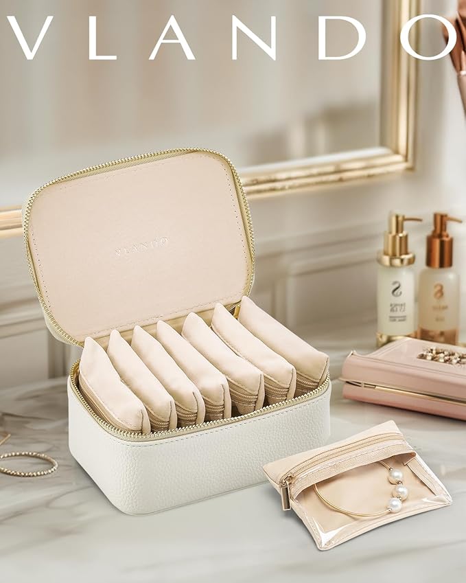 Vlando Travel Jewelry Case with 8 Velvet Jewelry Bags Jewelry Travel Organizer Box for Girls Jewelry Box for Rings Earrings Christmas Anniversary Birthday Gifts for Women (White)