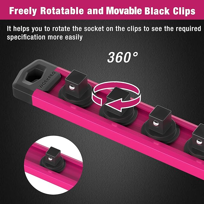 WORKPRO Magnetic Socket Organizer, 1/2-Inch Drive Aluminum Alloy Socket Rail, Heavy Duty Socket Holder, Socket Rack Kit 1/2-Inch x 10 Clips Rose Red(Socket not Included)