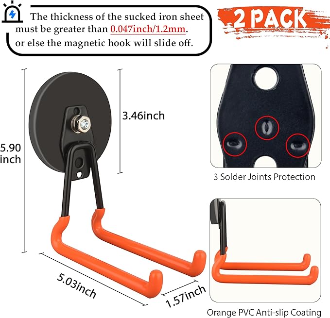 ULIBERMAGNET New Updated Strong Magnetic Hooks,2 Pack Heavy Duty Large Magnetic Hooks for Extension Cord, Cable, Hose, Power Cord,Rope,Drill,Jig Saw,Circular Saw,Garden Lawn Tools (Orange/3.46inch)