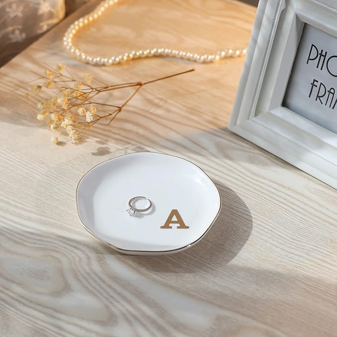 Initials Ring Dish Jewery Tray with Personalized A-Monogrammed Gifts Wedding Engagement for Women Friends sister,Ceramic White