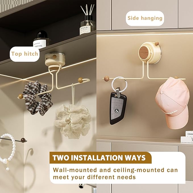 Wall Hanging Jewelry Organizer with Wooden Beads, Strong Suction Cup Hair Clip Holder for Bathroom & Bedroom, 12 Inch Space Saving Storage for Hair Ties, Necklaces, Bracelets, Rings