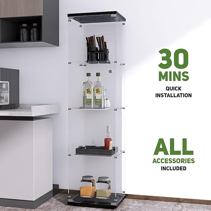 Beauty4U Glass Display Cabinet with 4 Shelves, Curio Cabinets for Living Room, Bedroom, Office, Black Floor Standing Glass Bookshelf, Quick Installation
