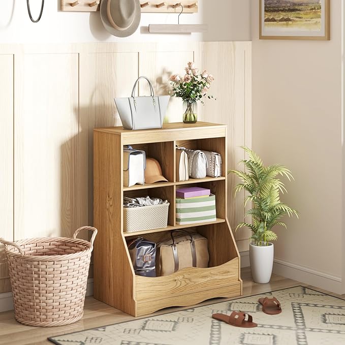 Storage Organizer, Small Bookcase w/ 4 Open Cubes & 1 Bottom Compartment, Anti-Tipping Device, Foot Pads, Low Cube Bookshelf for Bedroom, Living Room, Playroom, Study, Small Spaces (Natural)