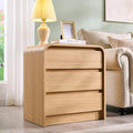 25" Tall Modern Nightstand with Charging Station, 23.6'' Wide Wood Bedside Table w/3 Storage Drawers, Small Dresser w/Curved Profile Design, End Table for Bedroom, Natural Oak