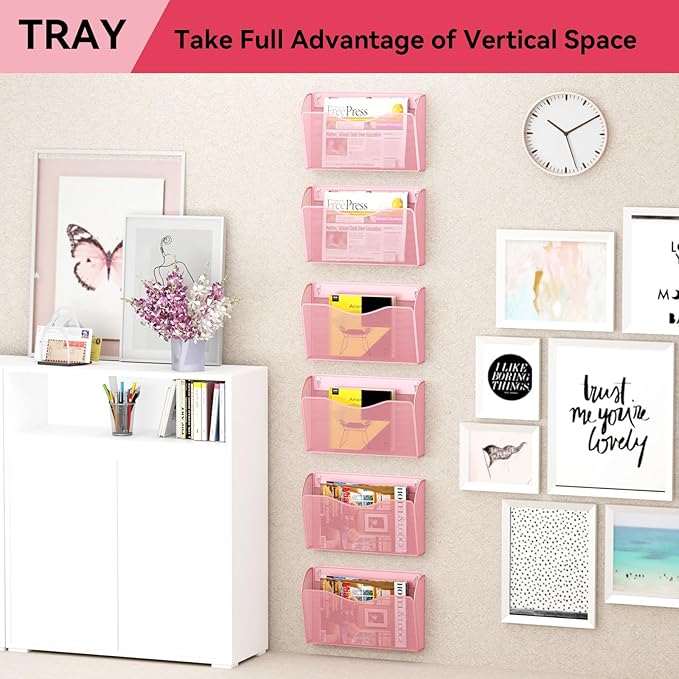 3 Single Pocket Wall File Holder, Mesh Hanging File Folder Paper Organizer, Vertical Wall Mounted Mail Basket, Storage Organization Magazine Rack for Office, Home and School, Pink