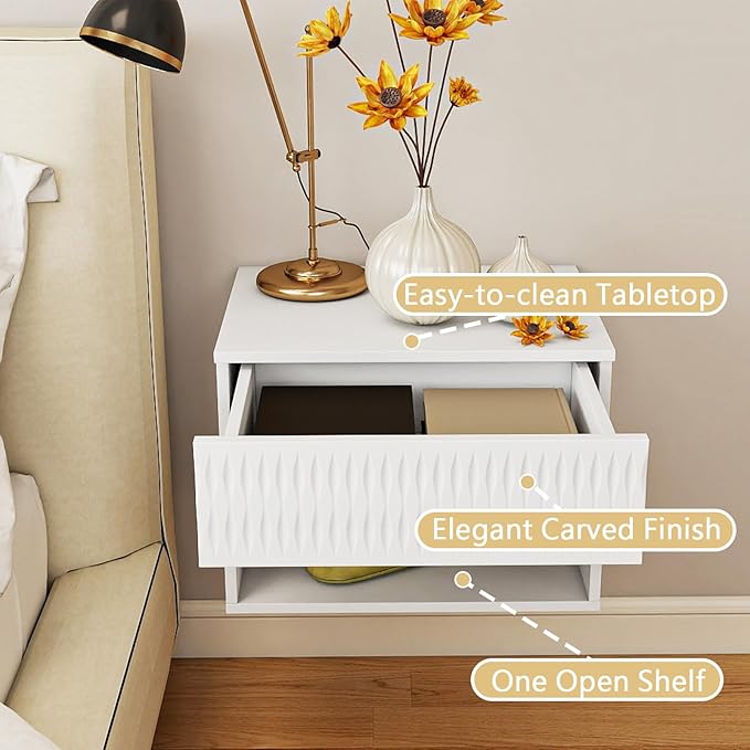 Floating Nightstand Set of 2,Modern Bedside Tables for Bedroom,Small Night Stands with Drawer and Open Shelf, Wall Mounted End SideTables Set for Living Room