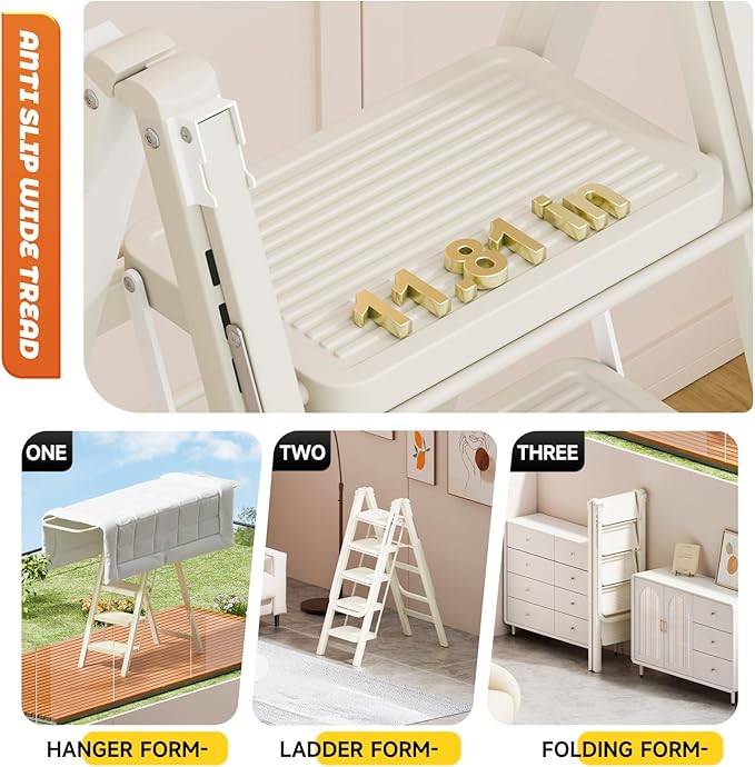 Multi-Functional 5 Step Ladder Used as Clothes Drying Rack,Sturdy Carbon Steel Ladder,Widened Pedal,Foldable & Portable Clothes Drying Rack, Space-Saving Design Indoor&Outdoor Drying (White)
