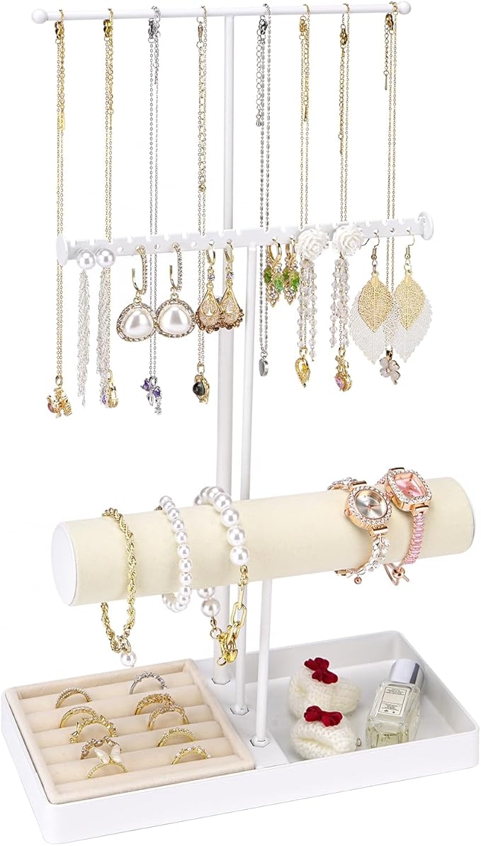 Cirhy Jewlery Holder Necklace Stand, Adjustable Necklace Holder with Velvet Ring Tray, Jewelry Display Rack for Hanging Necklaces, Bracelets, and Earrings, Gifts for Her (White)