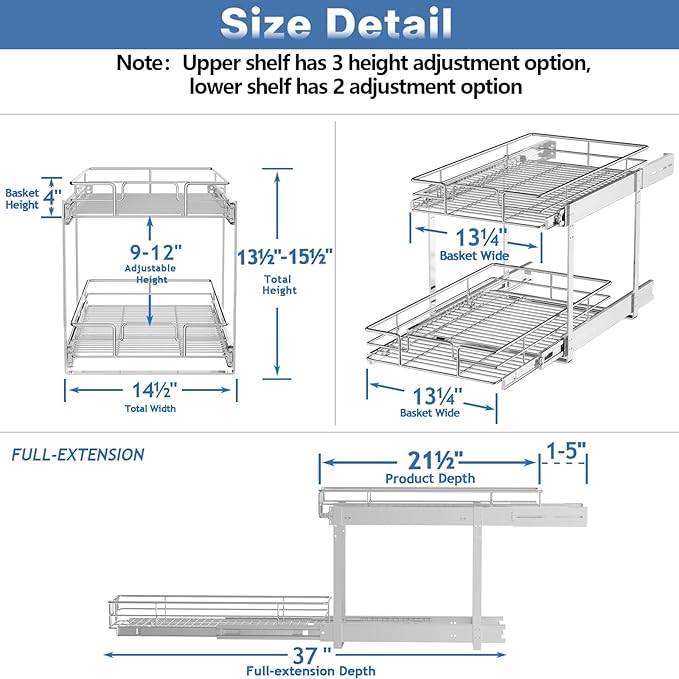 2 Tier Individual Pull Out Cabinet Organizer 14½" W x 21½" D, Heavy Duty Cabinet Pull Out Shelves, Slide Out Drawers Organization for Kitchen Cabinets Bathroom