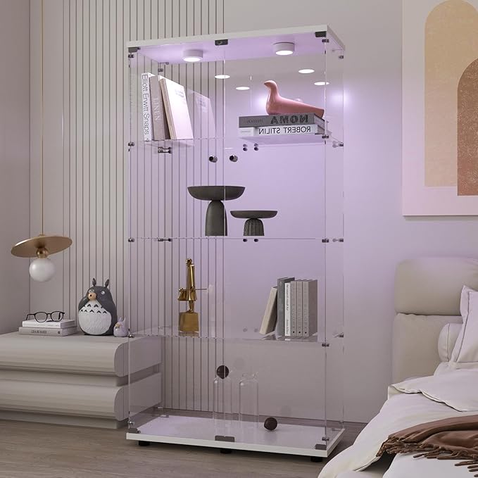 Beauty4U Glass Display Cabinet with LED Light, 4 Shelves with 2 Doors, Curio Cabinets for Living Room, Bedroom, Office, White Floor Standing Glass Bookshelf, Quick Installation