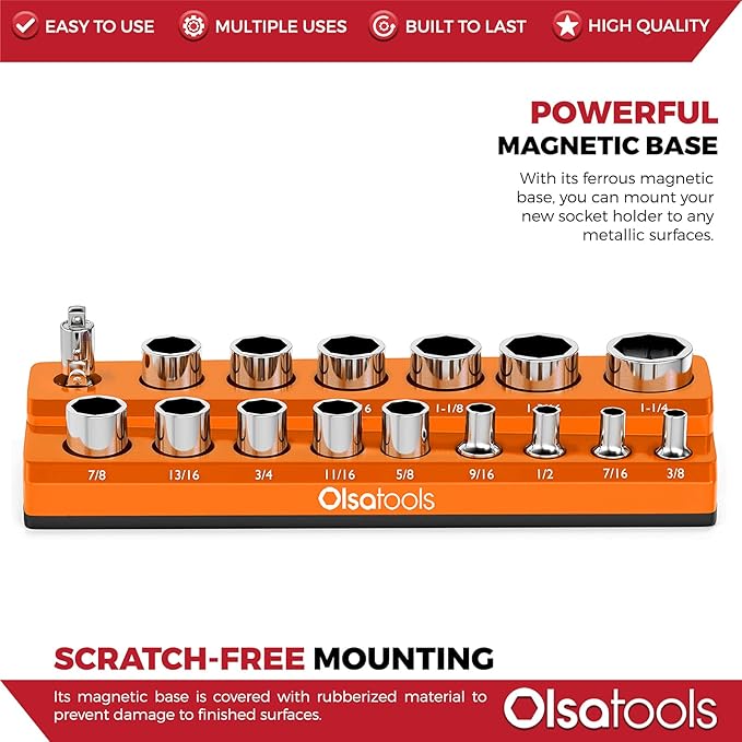 Olsa Tools Magnetic Socket Organizer | 1/2-inch Drive | SAE | Orange | Holds 16 Sockets | Professional Quality Tools Organizer