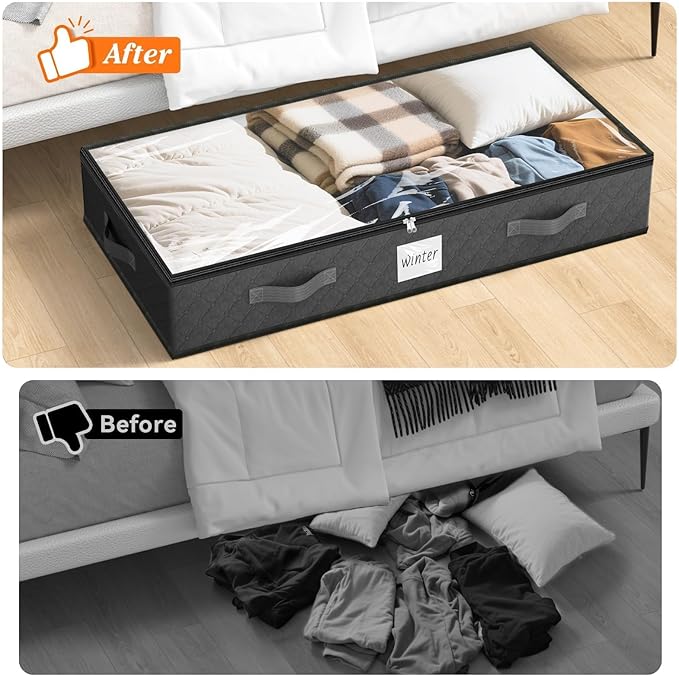 SpaceWhisper 90L Under Bed Storage Containers, 2-Pack Storage Bins with Clear Top, Foldable Closet Organizers and Storage with Label Holder for Clothing, Blankets, Comforter & Pillows (Grey)