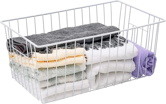 16Lx12Wx6H inch Wider Freezer Organizer Baskets Container, Refrigerator Metal Wire Storage Bins with Handles for Kitchen, Pantry, Cabinet, Closets - Pearl White（4 Packs