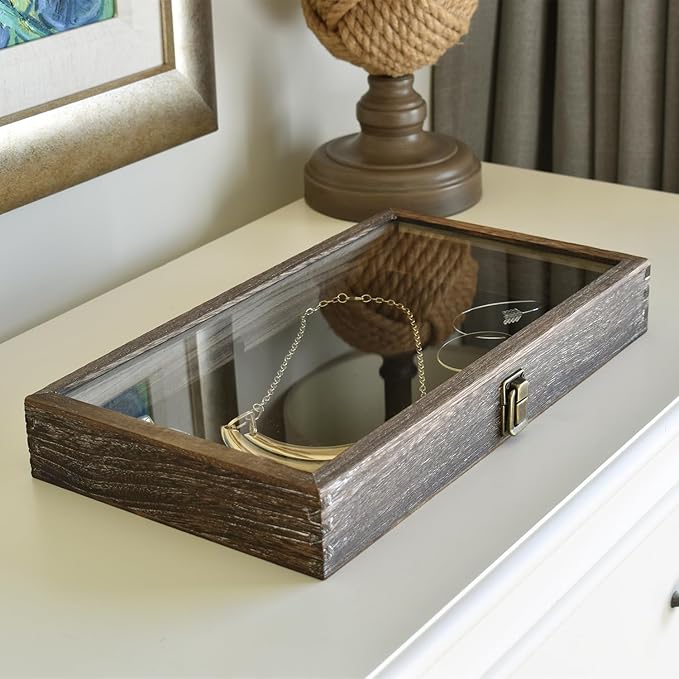 MOOCA Wooden Jewelry Display Case Tempered Glass Top Lid, Gemstone Display Case with Metal Clasp and Removable Black Luxurious MDF Velvet Jewelry Pad, Coffee Color