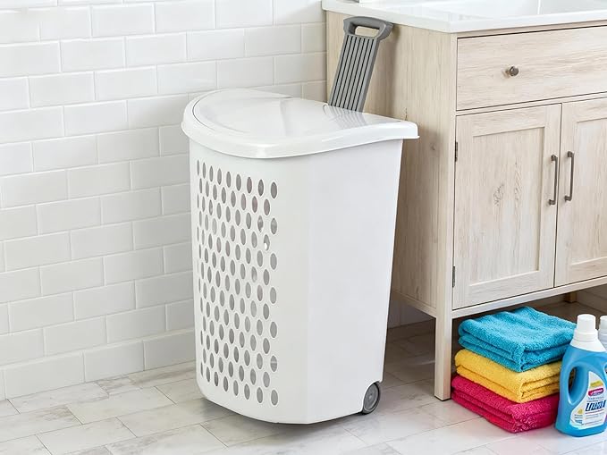 Large Capacity Laundry Basket with Wheels and Telescopic Handle - Ventilation Holes for Freshness - Portable Laundry Hamper for Apartments Dorm Rooms - White