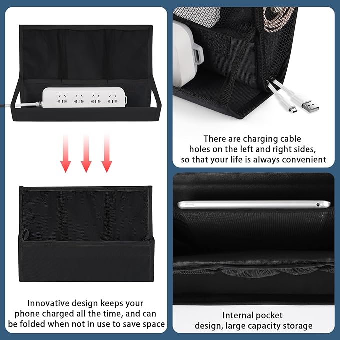 Bedside Caddy Bedside Storage Organizer Bedside Organizer with Power Strip Holder and 2 Adjustable Straps for Home Bunk Bed College Dorm Sofa (2 Pack Black)