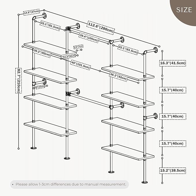Industrial Pipe Clothing Rack, Wall Mounted Garment Hanging Rack with Shelves, 14.6x112.6x82.7 Inches, Model Y03