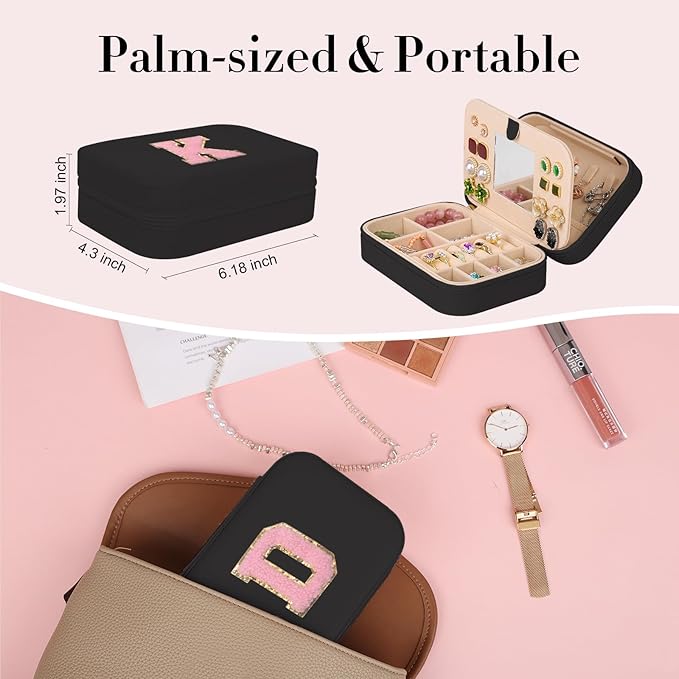 TopPerfekt Travel Jewelry Case, Jewelry Box with Mirror, Jewelry Organizer Bridal Shower Gifts to Her, Earring Storage Travel Case, Trendy Gift for Women and Girls, Girlfriend-Letter D, Black