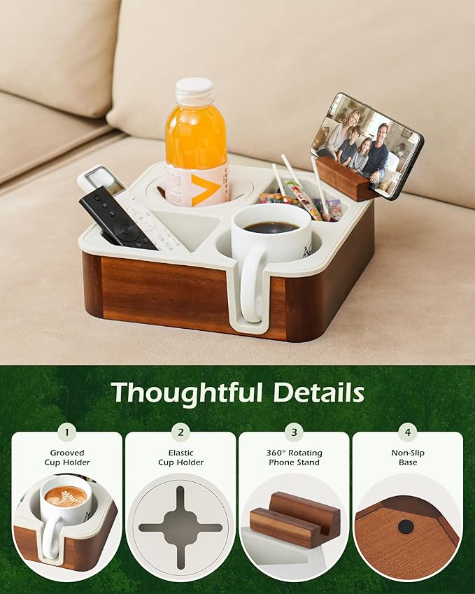 Couch Cup Holder Tray, Acacia Wood Couch Caddy With Cup Holder, Non-Slip Couch Organizer for Drinks, Snacks Remotes, Rounded Corners And Mug Slot Grey