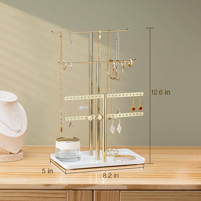 pickpiff Jewelry Stand Organizer Necklace Holder- 12.5" Sturdy Earring and Bracelet Hanger, Mirrored Gold, Aesthetic Room Decor